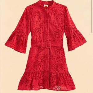 FARM Rio Red Ruffled A-line Dress with Bell Sleeves